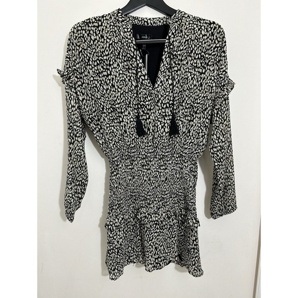 NWT Aqua Animal Print Smocked Mini Dress Chiffon Tasseled Party Chic Size XS - Picture 4 of 11